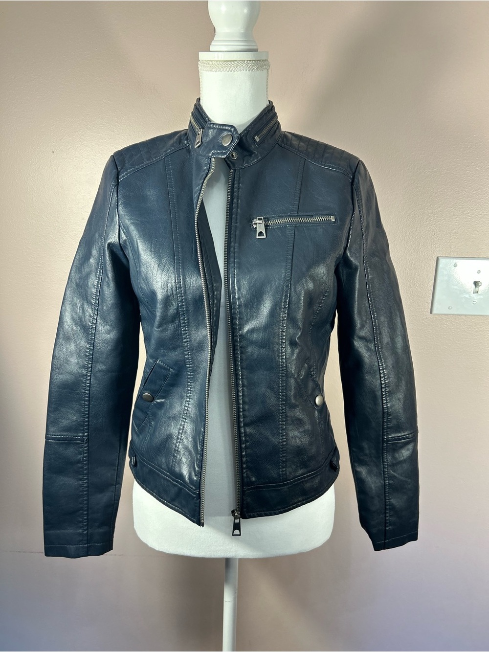 Vero Moda Navy Leather Moto Jacket with Zip Details